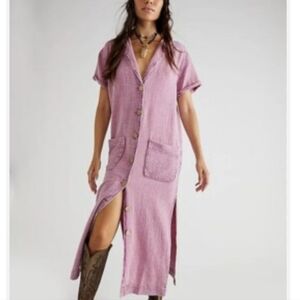 Free People Almeda Boho Midi Button Down Short Sleeve Collared Dress